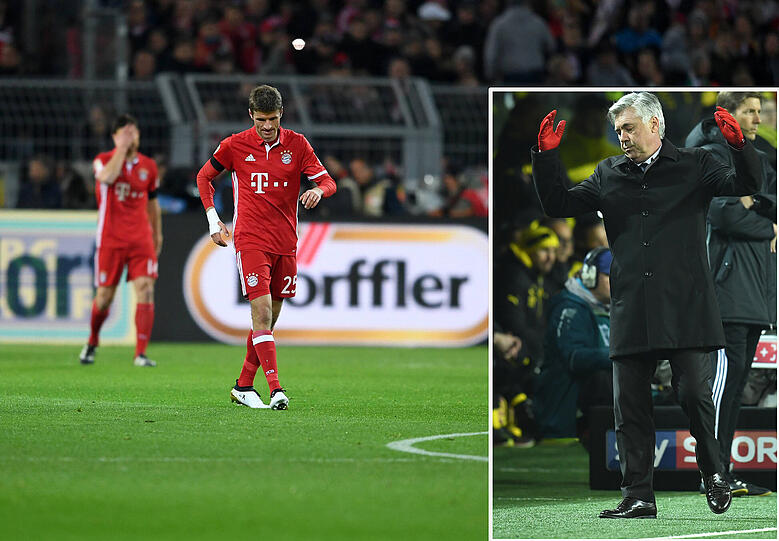 Noch ohne Treffer in dieser Bundesliga-Saison: Bayerns Stürmer Thomas Müller (Mitte) bei der 0:1-Niederlage bei Borussia Dortmund. Ebenfalls enttäuscht: Bayern-Trainer Carlo Ancelotti.