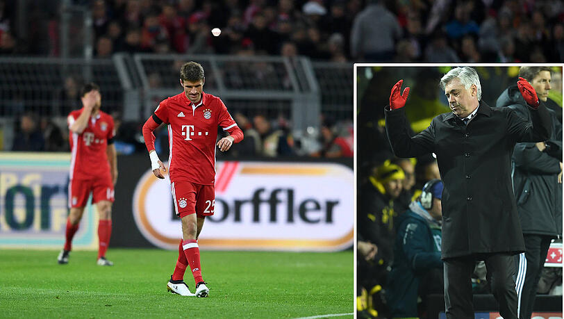 Noch ohne Treffer in dieser Bundesliga-Saison: Bayerns Stürmer Thomas Müller (Mitte) bei der 0:1-Niederlage bei Borussia Dortmund. Ebenfalls enttäuscht: Bayern-Trainer Carlo Ancelotti. Noch ohne Treffer in dieser Bundesliga-Saison: Bayerns Stürmer Thomas Müller (Mitte) bei der 0:1-Niederlage bei Borussia Dortmund. Ebenfalls enttäuscht: Bayern-Trainer Carlo Ancelotti.