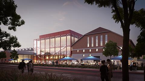 Das Herzstück des temporären Gasteig: Der Zwillingsbau aus Interims-Philharmonie (links) und ehemaliger Trafohalle an der Brudermühlbrücke.