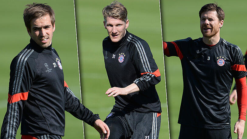 Ein Teil von Bayerns Ü30: Philipp Lahm (l), Bastian Schweinsteiger und Xabi Alonso (r). Ein Teil von Bayerns Ü30: Philipp Lahm (l), Bastian Schweinsteiger und Xabi Alonso (r).