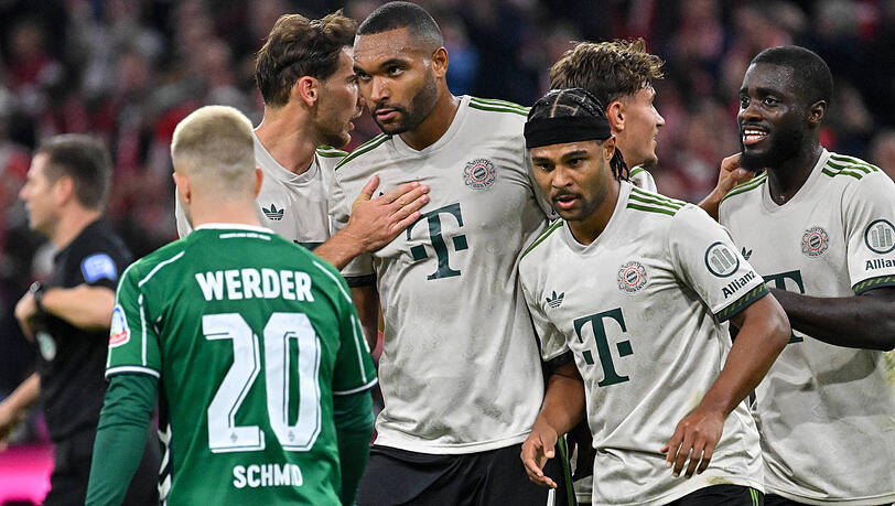 Jubelten den nach dem 1:0 gegen Werder Bremen: Die Bayern um Jonathan Tah. Jubelten den nach dem 1:0 gegen Werder Bremen: Die Bayern um Jonathan Tah.