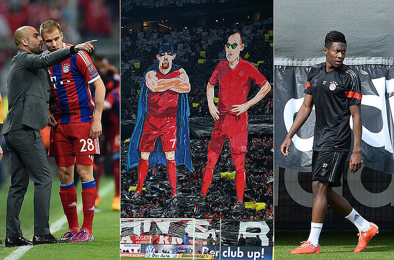 Superhelden außer Dienst: &bdquo;Badman&ldquo; Ribéry und Robben (M.) machen nur bei Fan-Choreos Eindruck, auß0erdem fehlen Holger Badstuber (l.), mit Pep Guardiola und David Alaba (r.)