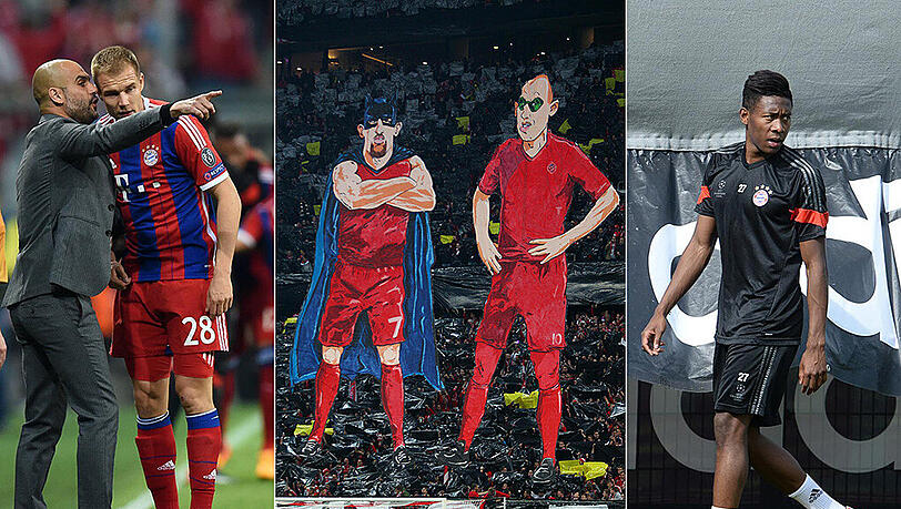Superhelden außer Dienst: „Badman“ Ribéry und Robben (M.) machen nur bei Fan-Choreos Eindruck, auß0erdem fehlen Holger Badstuber (l.), mit Pep Guardiola und David Alaba (r.) Superhelden außer Dienst: „Badman“ Ribéry und Robben (M.) machen nur bei Fan-Choreos Eindruck, auß0erdem fehlen Holger Badstuber (l.), mit Pep Guardiola und David Alaba (r.)