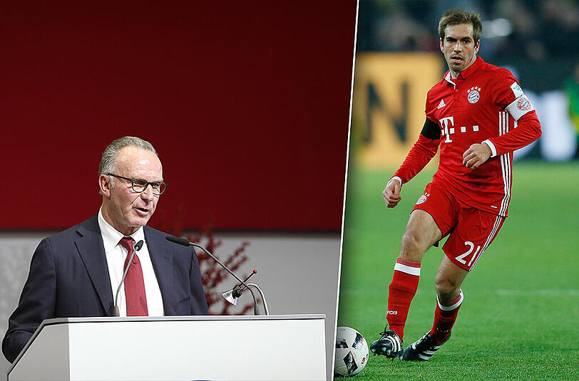 Bayern-Boss Karl-Heinz Rummenigge (l.) gab auf der Jahreshauptversammlung zumindest indirekt bekannt, dass Kapitän Philipp Lahm in Zukunft den Posten des Sportchefs übernehmen wird.