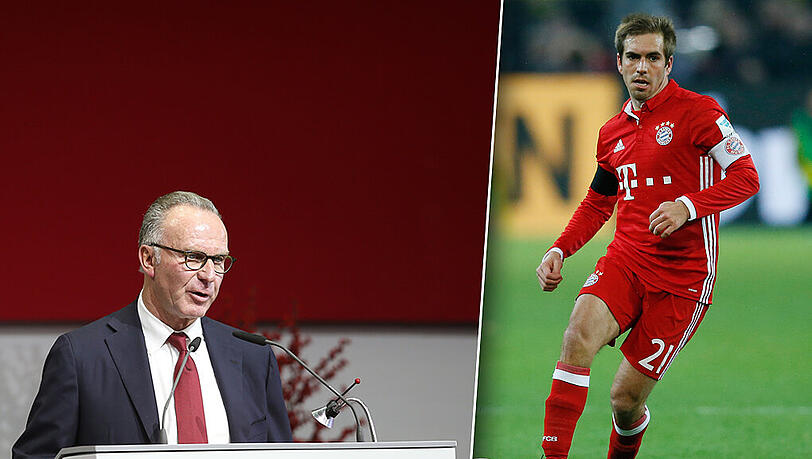 Bayern-Boss Karl-Heinz Rummenigge (l.) gab auf der Jahreshauptversammlung zumindest indirekt bekannt, dass Kapitän Philipp Lahm in Zukunft den Posten des Sportchefs übernehmen wird. Bayern-Boss Karl-Heinz Rummenigge (l.) gab auf der Jahreshauptversammlung zumindest indirekt bekannt, dass Kapitän Philipp Lahm in Zukunft den Posten des Sportchefs übernehmen wird.