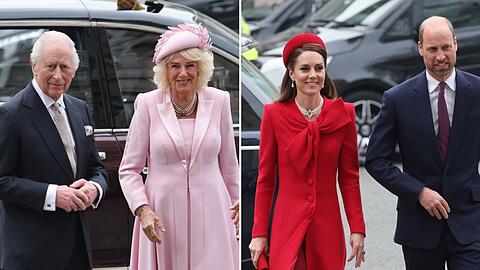 Königin Camilla (l.) und Prinzessin Kate bewiesen weitaus mehr Mut zur Farbe als ihre jeweiligen Ehemänner.