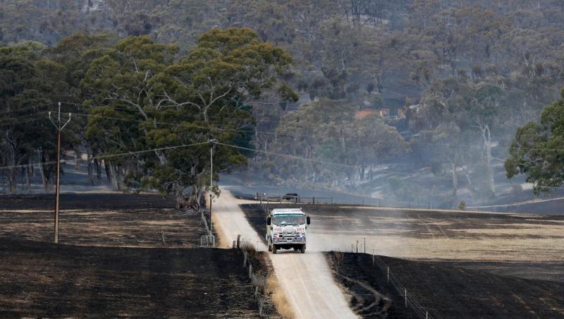 Australien nach den Bränden: Ein Fahrzeug der Feuerwehr fährt durch abgebrannte Felder. Australien nach den Bränden: Ein Fahrzeug der Feuerwehr fährt durch abgebrannte Felder.