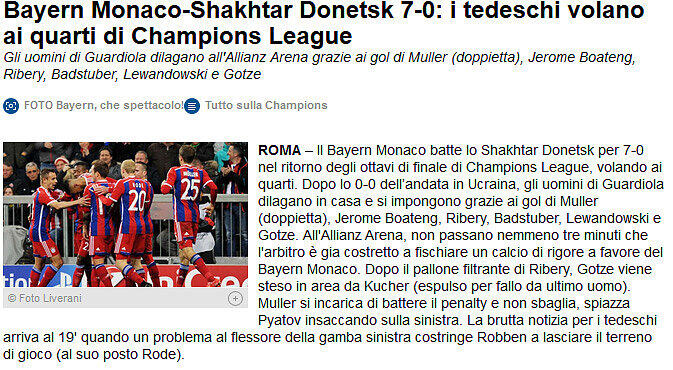 Die italienische "Tuttosport" titelt: Die Bayern fliegen ins Viertelfinale.
