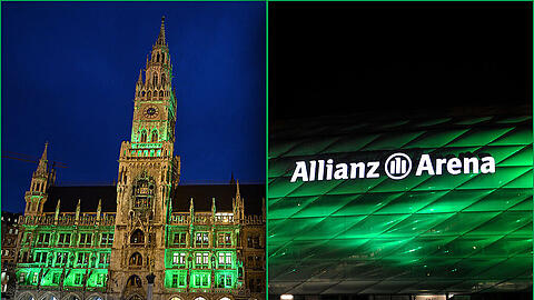 Zum St. Patrick's Day erstrahlten zahlreiche Münchner Sehenswürdigkeiten, wie zum Beispiel das Rathaus oder die Allianz Arena, in grünem Licht.