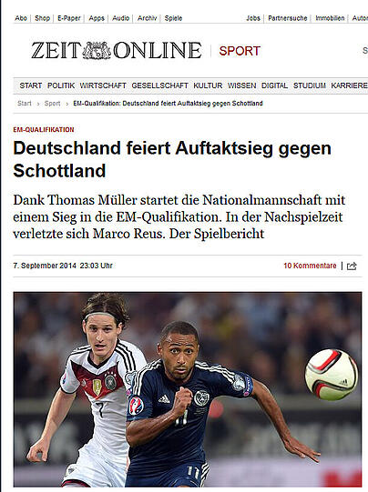 "Deutschland feiert Auftaktsieg gegen Schottland", zeit.de