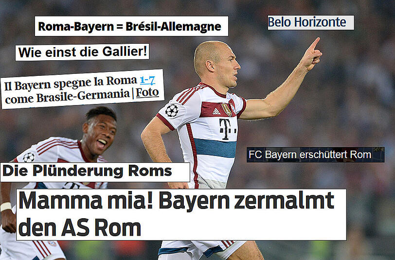 Nach der Gala-Vortstellung der Bayern in Rom überschlagen sich die Schlagzeilen. Von der Plünderung Roms bis zur Zermalmung der Römer - Die Presselandschaft fand viele Überschriften für dieses denkwürdige Spiel.