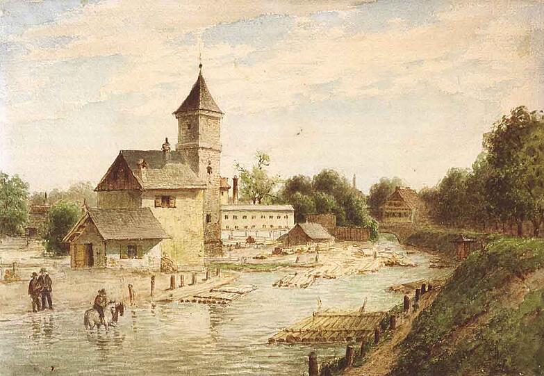 Der Westermühlbach mit Oberer Lände und Brunnhaus in einer historischen Darstellung.