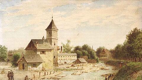 Der Westermühlbach mit Oberer Lände und Brunnhaus in einer historischen Darstellung.