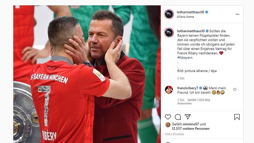 Franck Ribéry wäre bereit für eine Rückkehr zu den Bayern, wie er unter einem Instagram-Post von Lothar Matthäus kommentiert. Franck Ribéry wäre bereit für eine Rückkehr zu den Bayern, wie er unter einem Instagram-Post von Lothar Matthäus kommentiert.