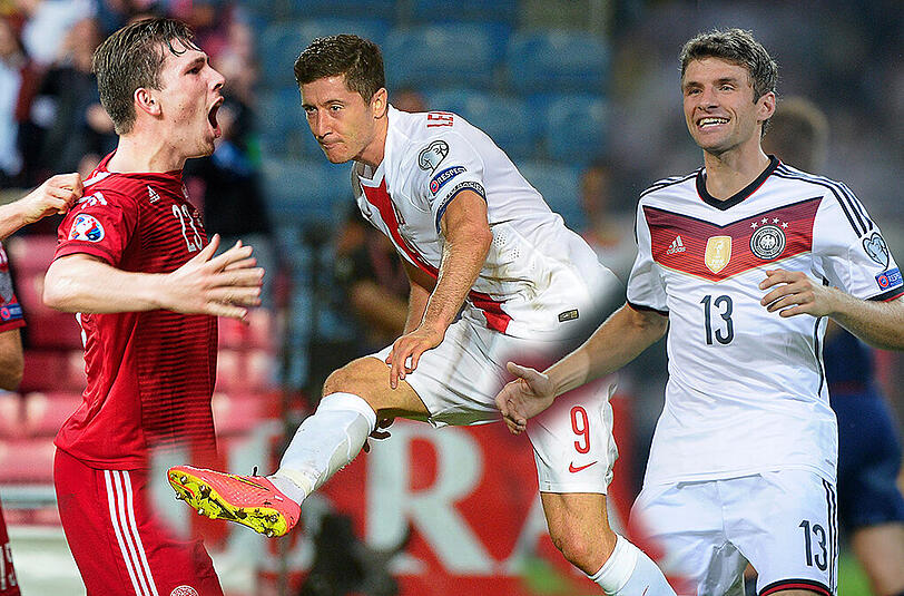 Erfolgreiche Bayern-Profis in der Länderspielpause: Hojbjerg, Lewandowski und Müller.
