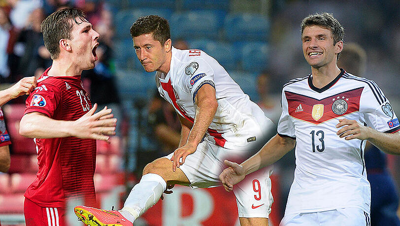 Erfolgreiche Bayern-Profis in der Länderspielpause: Hojbjerg, Lewandowski und Müller. Erfolgreiche Bayern-Profis in der Länderspielpause: Hojbjerg, Lewandowski und Müller.