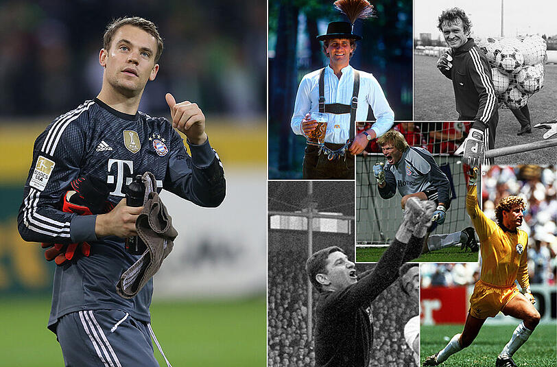 Eine Klasse für sich: Bayerns Weltmeister Manuel Neuer. Kleine Bilder oben: Links: Jean-Marie Pfaff. Rechts: Sepp Maier. Unten links: Petar Radenkovic und Toni Schumacher. In der Mitte: Oli Kahn.