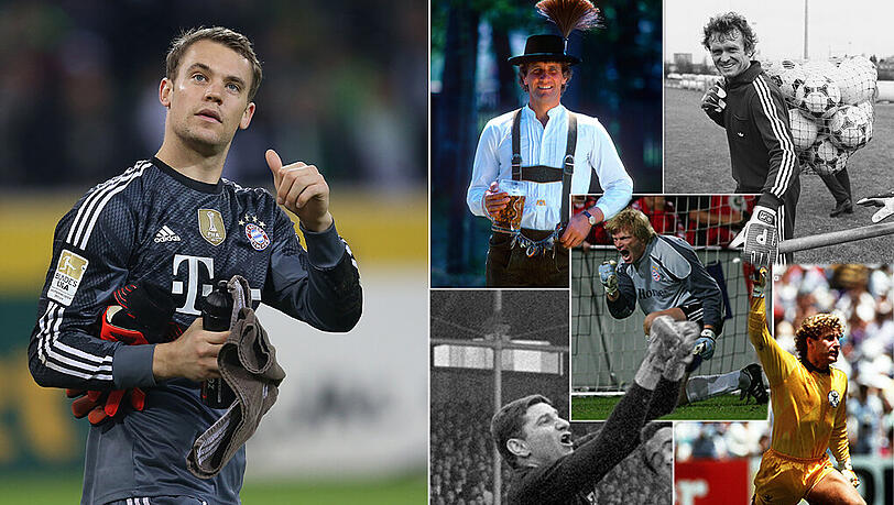 Eine Klasse für sich: Bayerns Weltmeister Manuel Neuer. Kleine Bilder oben: Links: Jean-Marie Pfaff. Rechts: Sepp Maier. Unten links: Petar Radenkovic und Toni Schumacher. In der Mitte: Oli Kahn.