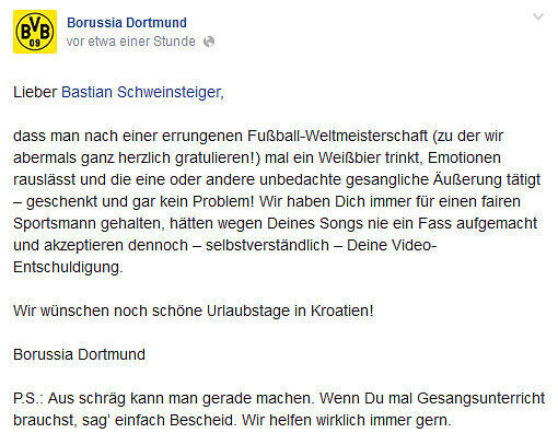 Auch der besungene BVB akzeptierte die Entschuldigung und bot dem Nationalspieler Nachhilfe in Sachen Gesangskünste.