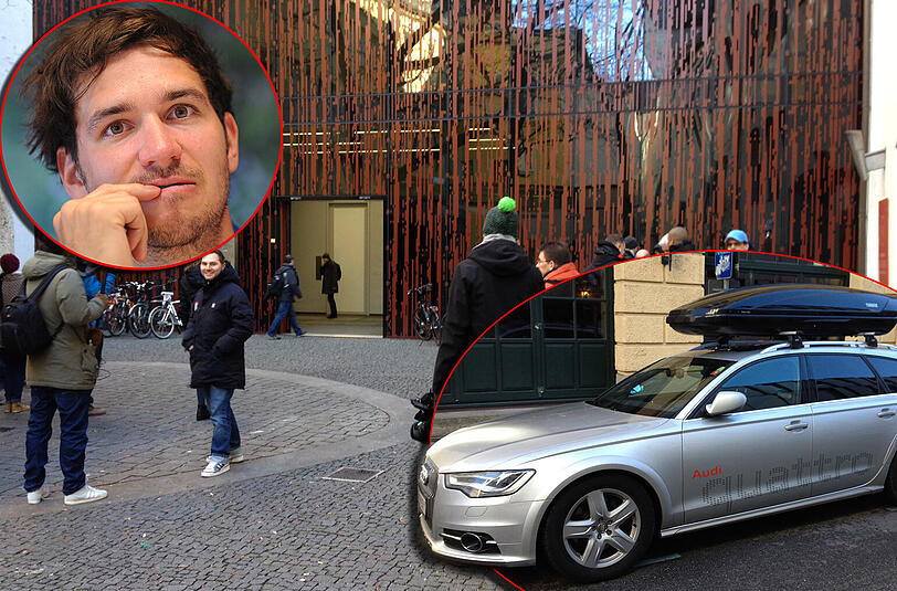 Warten auf Felix Neureuther vor der Praxis von Dr. Müller-Wohlfahrt. Das DSV-Auto, mit den Neureuther kam, ist offenbar nicht der Unfallwagen.