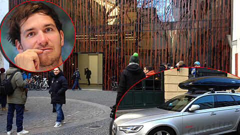 Warten auf Felix Neureuther vor der Praxis von Dr. Müller-Wohlfahrt. Das DSV-Auto, mit den Neureuther kam, ist offenbar nicht der Unfallwagen.