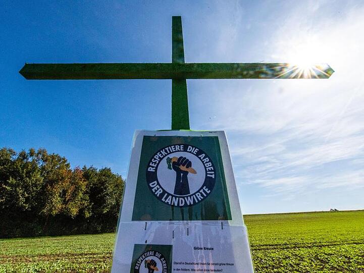 Ein grün angesprühtes Holzkreuz steht am Rande eines Feldes. Foto: Lino Mirgeler