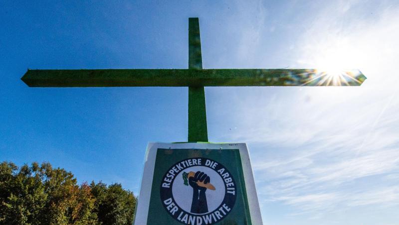 Ein grün angesprühtes Holzkreuz steht am Rande eines Feldes. Foto: Lino Mirgeler Ein grün angesprühtes Holzkreuz steht am Rande eines Feldes. Foto: Lino Mirgeler