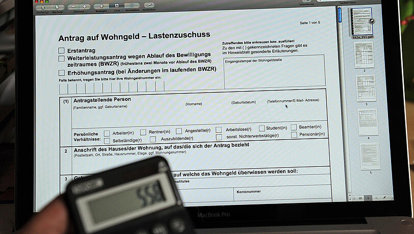Eine von vielen Sozialleistungen in Deutschland: Wohngeldantrag auf dem Bildschirm eines Laptops. Eine von vielen Sozialleistungen in Deutschland: Wohngeldantrag auf dem Bildschirm eines Laptops.