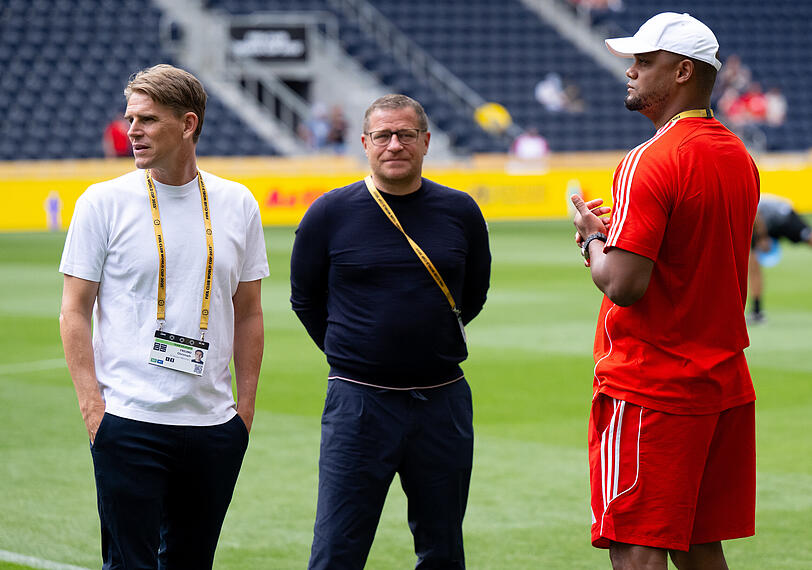 Sportdirektor Christoph Freund, Sportvorstand Max Eberl und Trainer Vincent Kompany (v.l.).