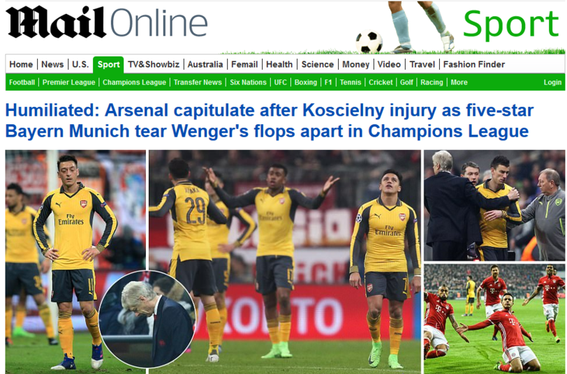 Schockiert über die Leistung von Arsenal zeigt sich die "Daily Mail": "Gedemütigt: Arsenal kapituliert nach der Verletzung von Koscielny. Fünf-Sterne-Bayern zerreißen Wengers Flops".