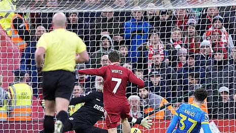 Die Erl&ouml;sung f&uuml;r Florian Wirtz: Er erzielte das 2:0 gegen Wolverhampton.