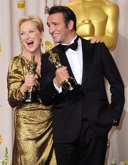 Sie waren die Abräumer des Abends: Meryl Streep erhielt den Oscar für ihre Rolle in dem
Film &bdquo;Die Eiserne Lady&ldquo;, Jean Dujardin für die Hauptrolle im französischen Gassenhauer "The Artist".