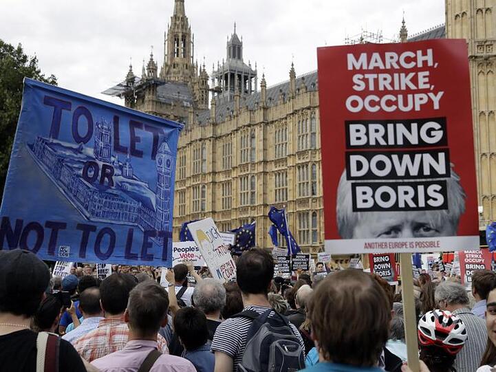 Pro-europäische Demonstranten protestieren vor dem Parlament in London.