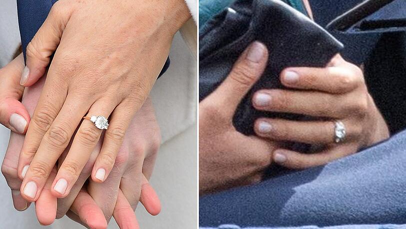 2017 steckte Harry seiner Meghan den Verlobungsring an (li.). Mittlerweile hat er weitere Diamanten. 2017 steckte Harry seiner Meghan den Verlobungsring an (li.). Mittlerweile hat er weitere Diamanten.