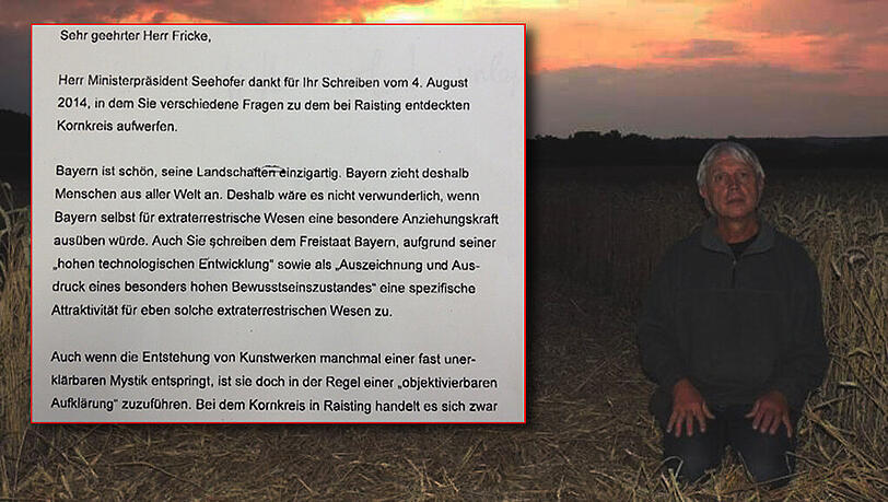 „Besondere, tiefe Ruhe“ empfand Bernhard Fricke bei einem Besuch im Kornkreis. Links: Das Schreiben aus der Staatskanzlei: Ministerialrat Paul Dosch antwortet dem Umweltaktivisten Bernhard Fricke. „Besondere, tiefe Ruhe“ empfand Bernhard Fricke bei einem Besuch im Kornkreis. Links: Das Schreiben aus der Staatskanzlei: Ministerialrat Paul Dosch antwortet dem Umweltaktivisten Bernhard Fricke.