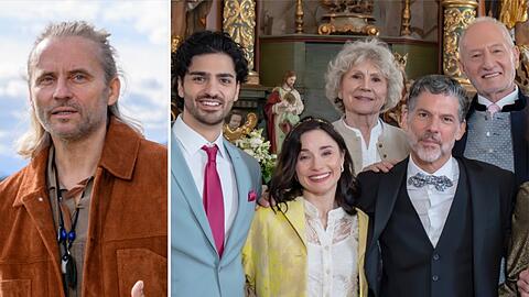 Erich Altenkopf (l.) verlässt "Sturm der Liebe" in der Jubiläumsfolge - gefeiert wird darin die Goldenen Hochzeit von Antje Hagen (h.l.) und Sepp Schauer (h.r.).