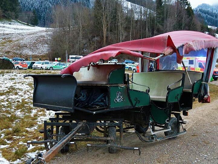 Eine demolierte Pferdekutsche steht nach einem Unfall auf einem Feldweg im Gemeindeteil Kappel nördlich von Pfronten. Foto: Benjamin Liss