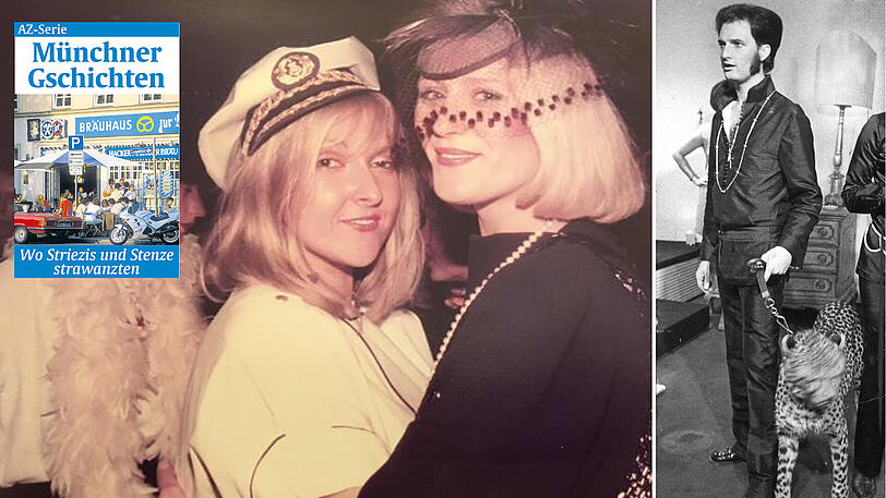 Barbara Kruppka (l.) mit einer Freundin beim Fasching. Kleines Bild: Der junge Rudolph Moshammer nimmt auch mal einen Geparden mit.