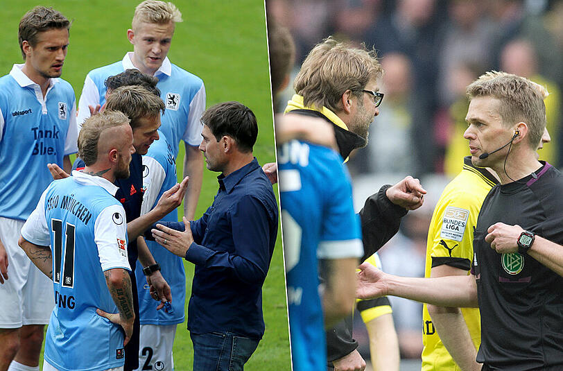 Links: FCN-Trainer Rene Weiler diskutiert umringt von Löwen-Spielern mit Jochen Drees das aberkannte Tor zum 2:2. Rechts: Letzter Spieltag 2012/13. Drees erkannte das 2:2 durch den BVB gegen Hoffenheim ab. Trainer Jürgen Klopp war außer sich. Hoffenheim schaffte es in die Relegation.
