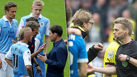 Links: FCN-Trainer Rene Weiler diskutiert umringt von Löwen-Spielern mit Jochen Drees das aberkannte Tor zum 2:2. Rechts: Letzter Spieltag 2012/13. Drees erkannte das 2:2 durch den BVB gegen Hoffenheim ab. Trainer Jürgen Klopp war außer sich. Hoffenheim schaffte es in die Relegation.