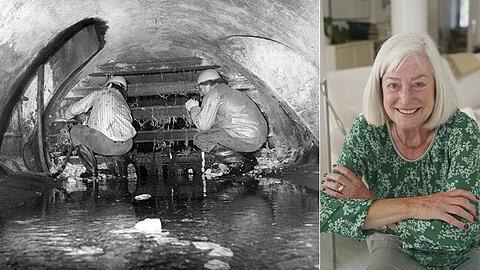 Gegen 1 Uhr nachts klettern sie am 2. Oktober 1961 in der Nähe der U-Bahn-Station Spittelmarkt in einen Regenwasserkanal. Die Röhre ist etwa einen Meter hoch. "Wir mussten in die Hocke gehen, um vorwärtszukommen", sagt Helgard Bromberger (rechts).