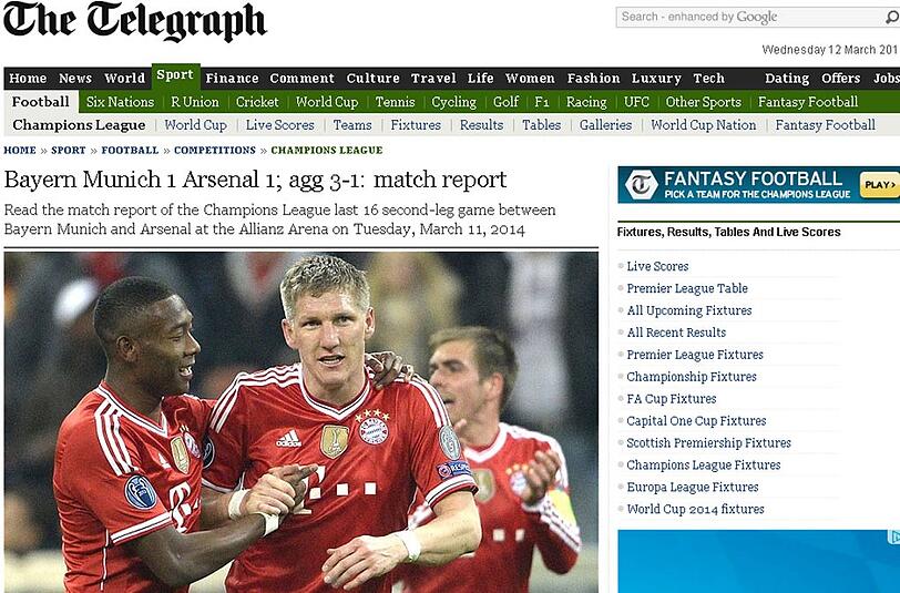 Der britische "Telegraph": "Arsenals Traum von Bayern beendet"