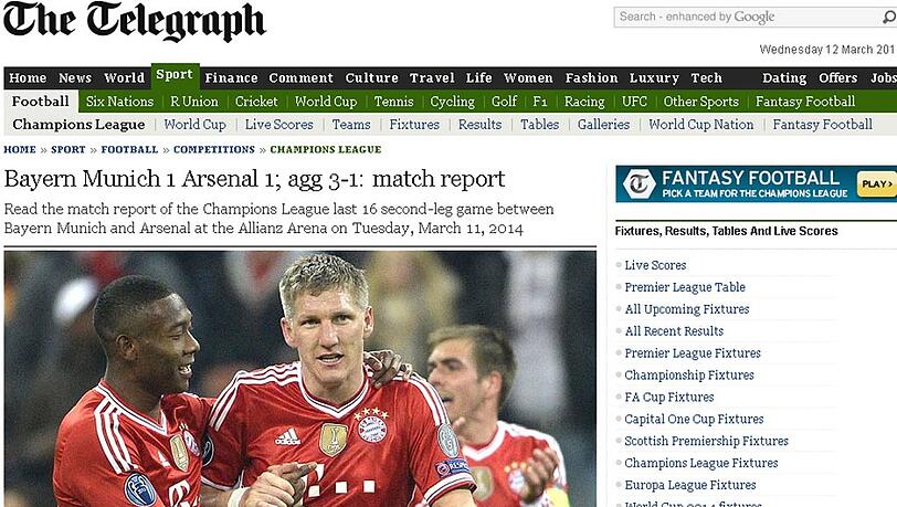 Der britische "Telegraph": "Arsenals Traum von Bayern beendet"