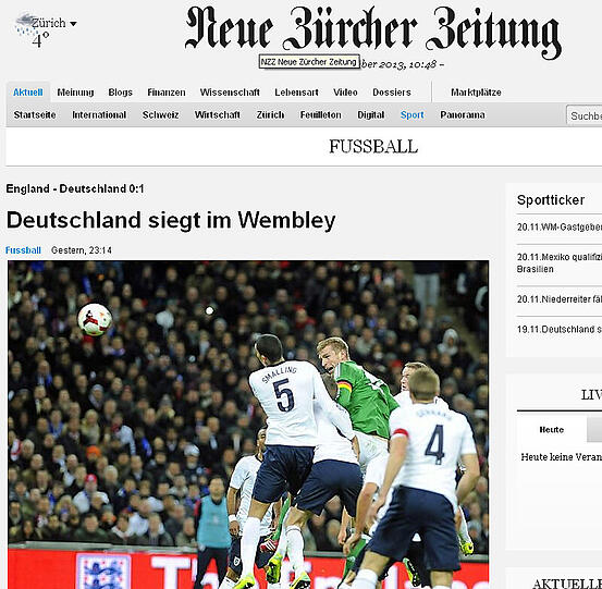 Die Neue Züricher Zeitung stellt nüchtern fest: Deutschland siegt 1:0 in Wembley