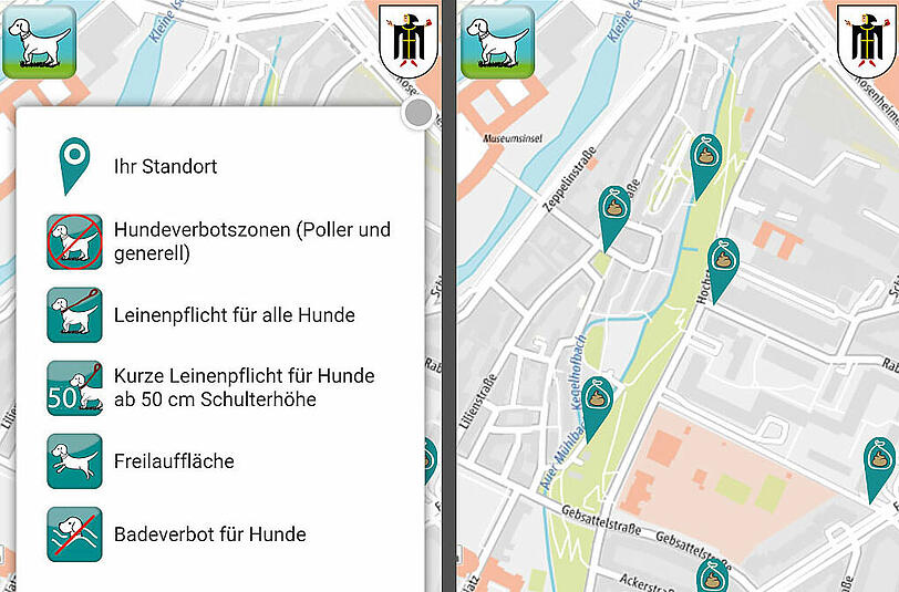 Von Leinenpflicht bis Freilauffläche: All das zeigt die neue App. Die grünen Pfeile rechts beispielsweise zeigen, wo man Tütenspender findet.