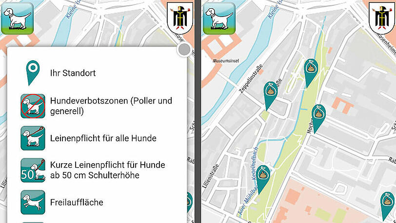 Von Leinenpflicht bis Freilauffläche: All das zeigt die neue App. Die grünen Pfeile rechts beispielsweise zeigen, wo man Tütenspender findet. Von Leinenpflicht bis Freilauffläche: All das zeigt die neue App. Die grünen Pfeile rechts beispielsweise zeigen, wo man Tütenspender findet.