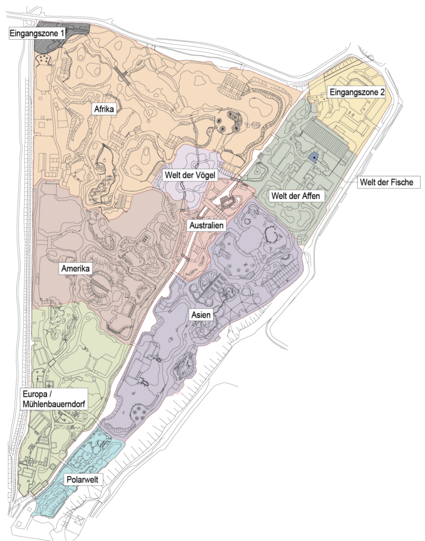 Die Kontinentsbereiche und Gehege-Abschnitte für Hellabrunn sind in festgelegte Einzelmodule zerlegt und gemäß dem Geozoo-Prinzip angeordnet: die Polarwelt fern von Afrika beispielsweise, und Asien angrenzend an Europa.