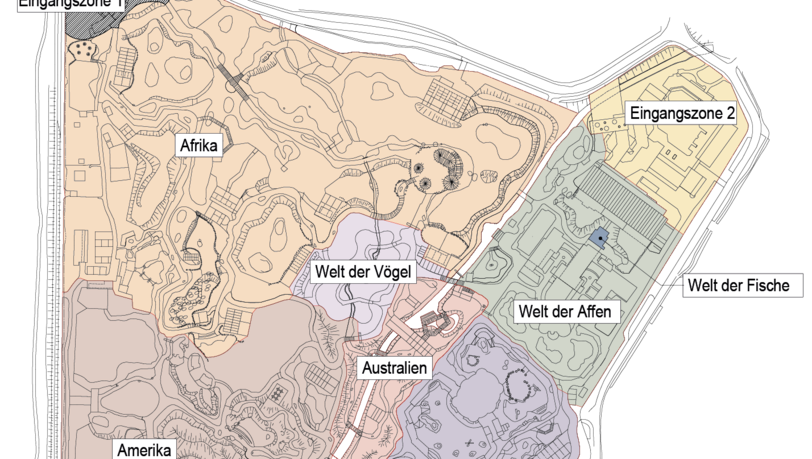 Die Kontinentsbereiche und Gehege-Abschnitte für Hellabrunn sind in festgelegte Einzelmodule zerlegt und gemäß dem Geozoo-Prinzip angeordnet: die Polarwelt fern von Afrika beispielsweise, und Asien angrenzend an Europa. Die Kontinentsbereiche und Gehege-Abschnitte für Hellabrunn sind in festgelegte Einzelmodule zerlegt und gemäß dem Geozoo-Prinzip angeordnet: die Polarwelt fern von Afrika beispielsweise, und Asien angrenzend an Europa.