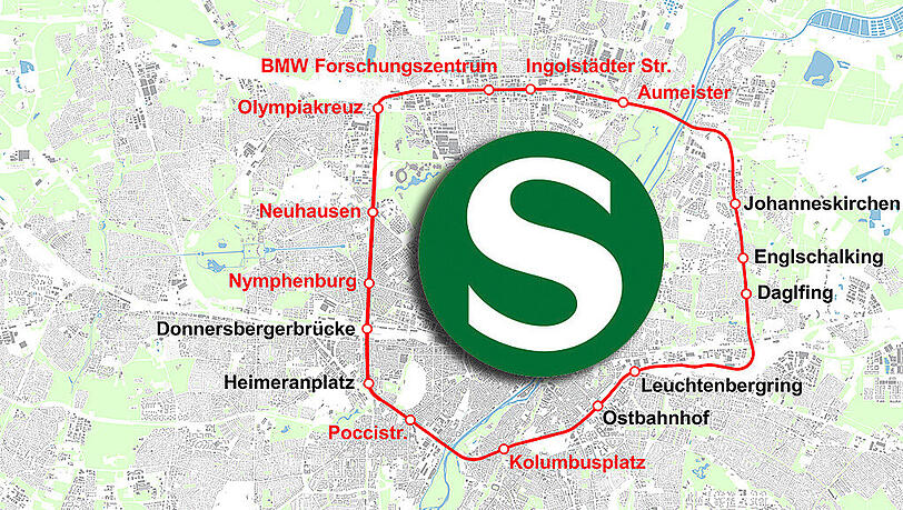 15 S-Bahn-Haltestellen soll der S-Bahn-Ring umfassen: Sieben davon (in der Karte schwarz geschrieben) gibt es schon. Acht (rot) müssten neu gebaut werden.