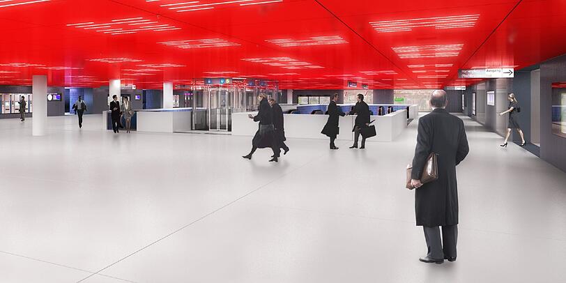 So soll der Marienplatz nach der Renovierung untenrum aussehen: In "Orangerot", "Blau" und "vornehmen Silber" planen Allmann Sattler Wappner und Ingo Maurer das neue Zwischengeschoss der S- und U-Bahnhaltestelle.